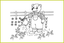 Coloriage Petit Ours Brun arrose les plantes