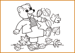 Coloriage Petit Ours Brun joue avec les feuilles