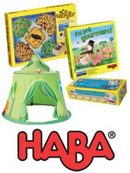 un lot composé de 3 jeux de société et une tente d’intérieur, offerts par HABA